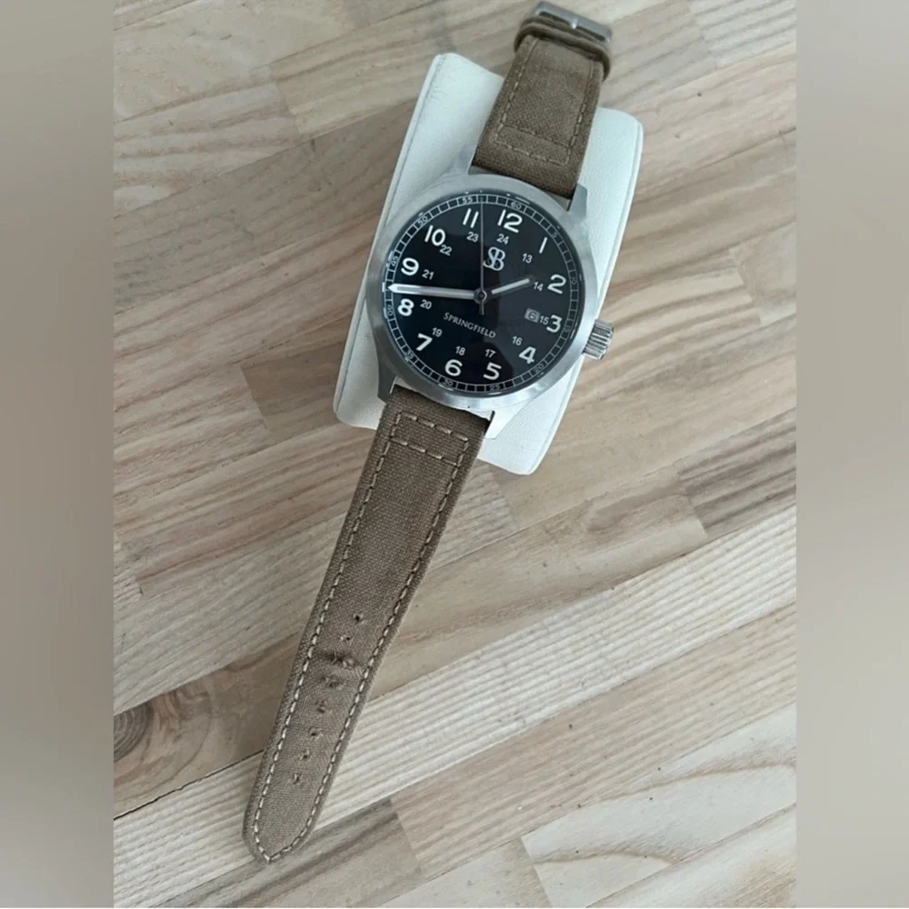 Smith & Bradley Men's Rare Vintage Watch Stainless Case Canvas Strap Black Dial